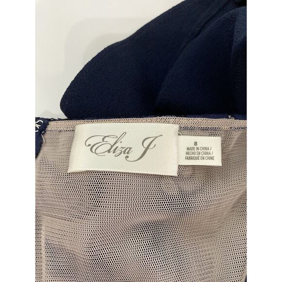 Eliza J Dark Navy Blue Ruffled Cocktail Dress Knee Length Lace Size 8 - Picture 8 of 8